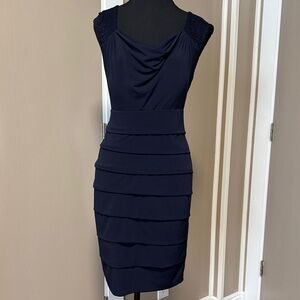 Enfocus Studio Navy Tiered Sheath Dress with Draped Neck
